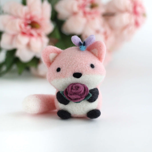Needle Felted Pink Fox with Butterfly Friend and Rose