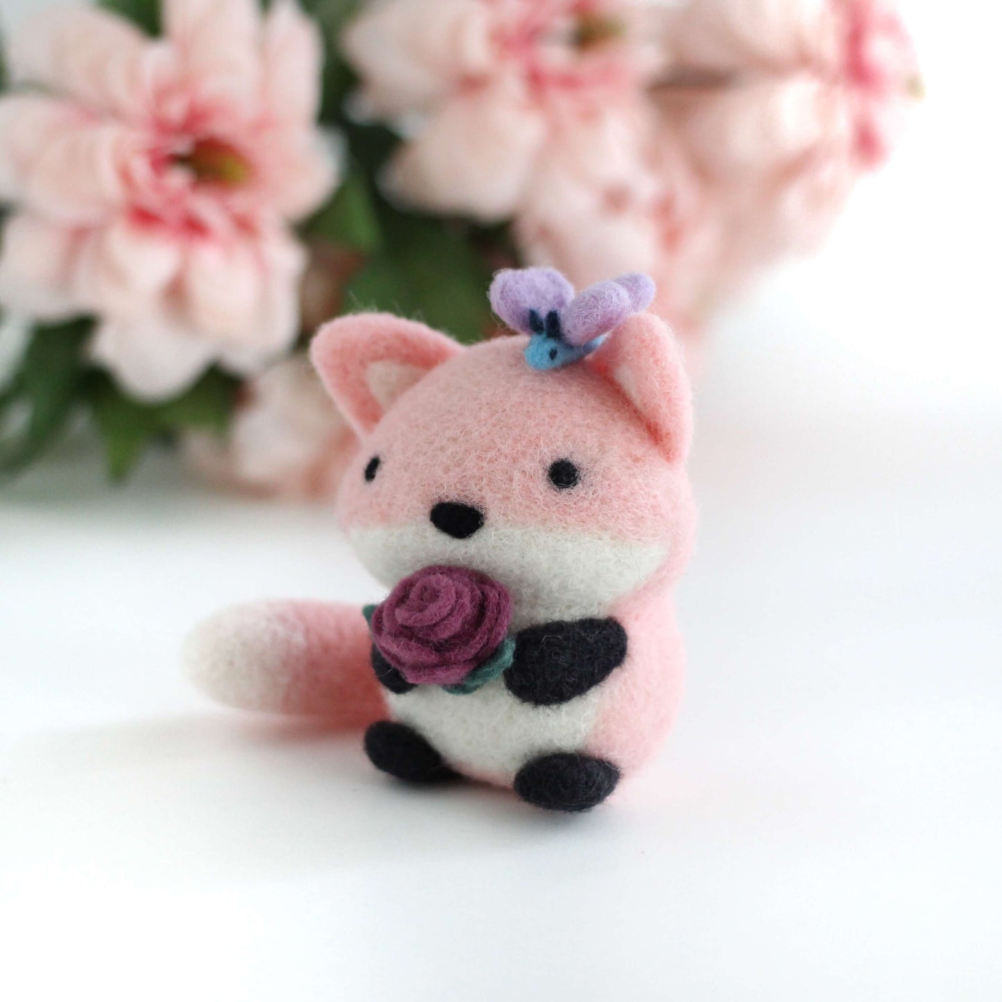 Needle Felted Pink Fox with Butterfly Friend and Rose