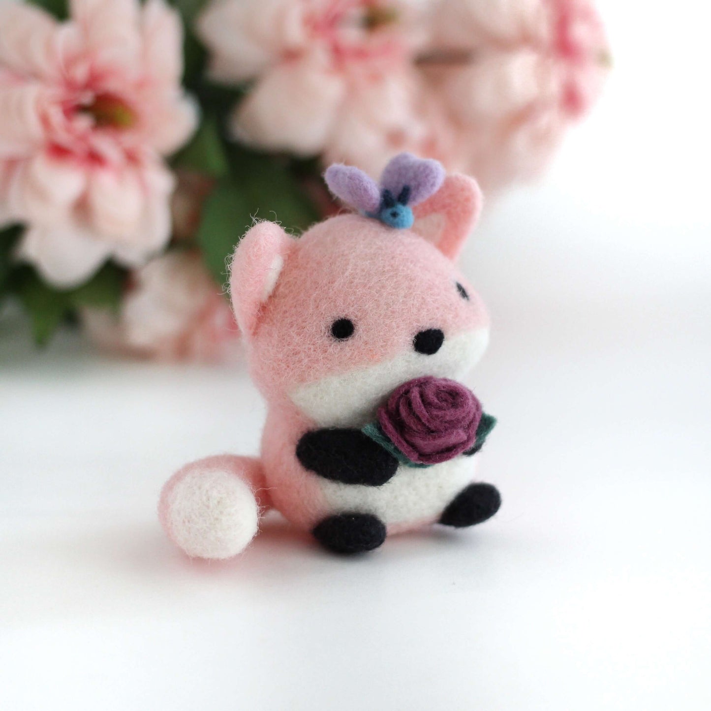 Needle Felted Pink Fox with Butterfly Friend and Rose