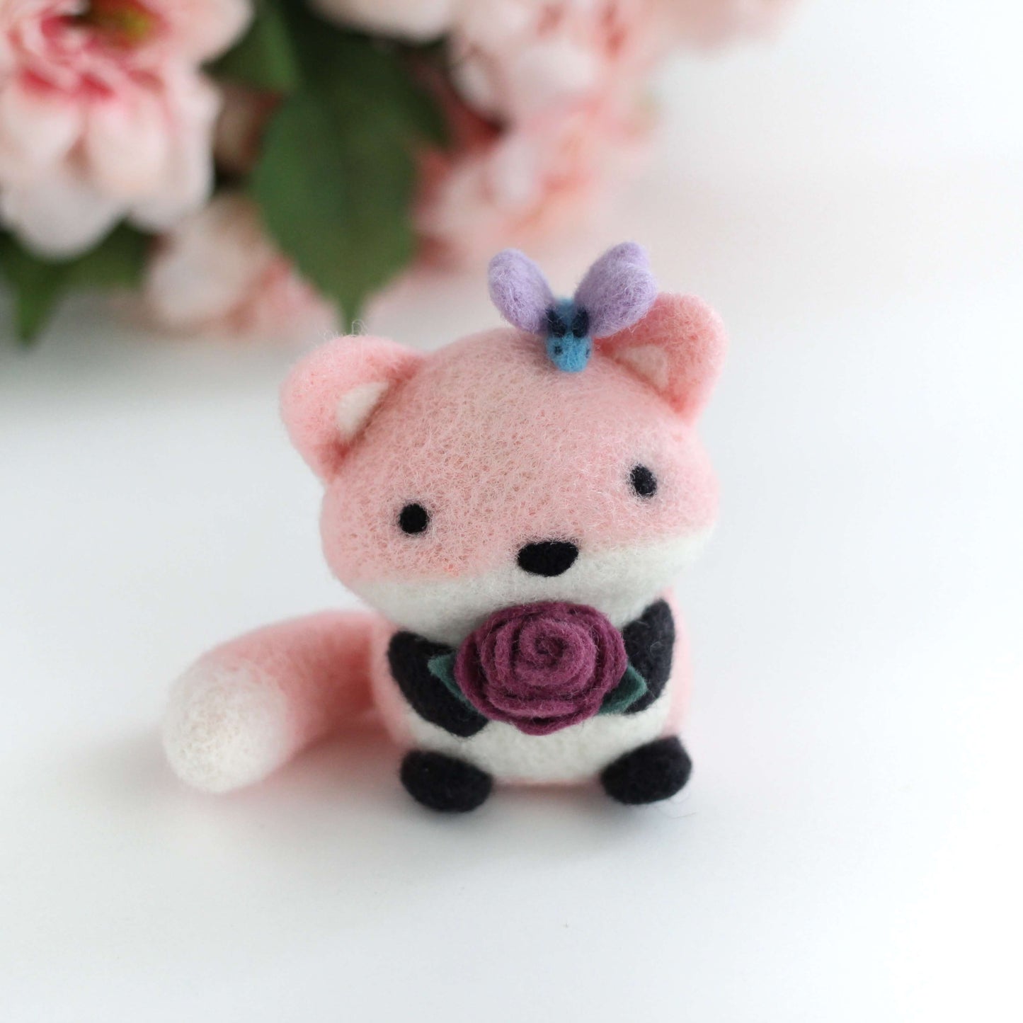 Needle Felted Pink Fox with Butterfly Friend and Rose