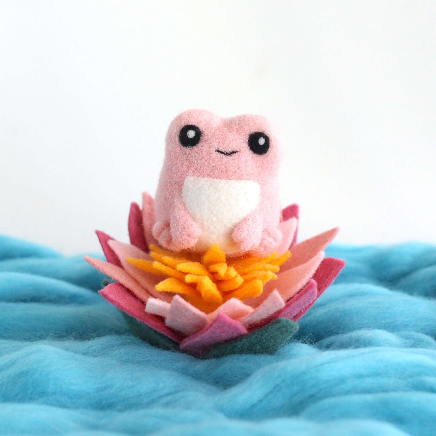 Needle Felted Pink Frog with Lotus Flower by Wild Whimsy Woolies