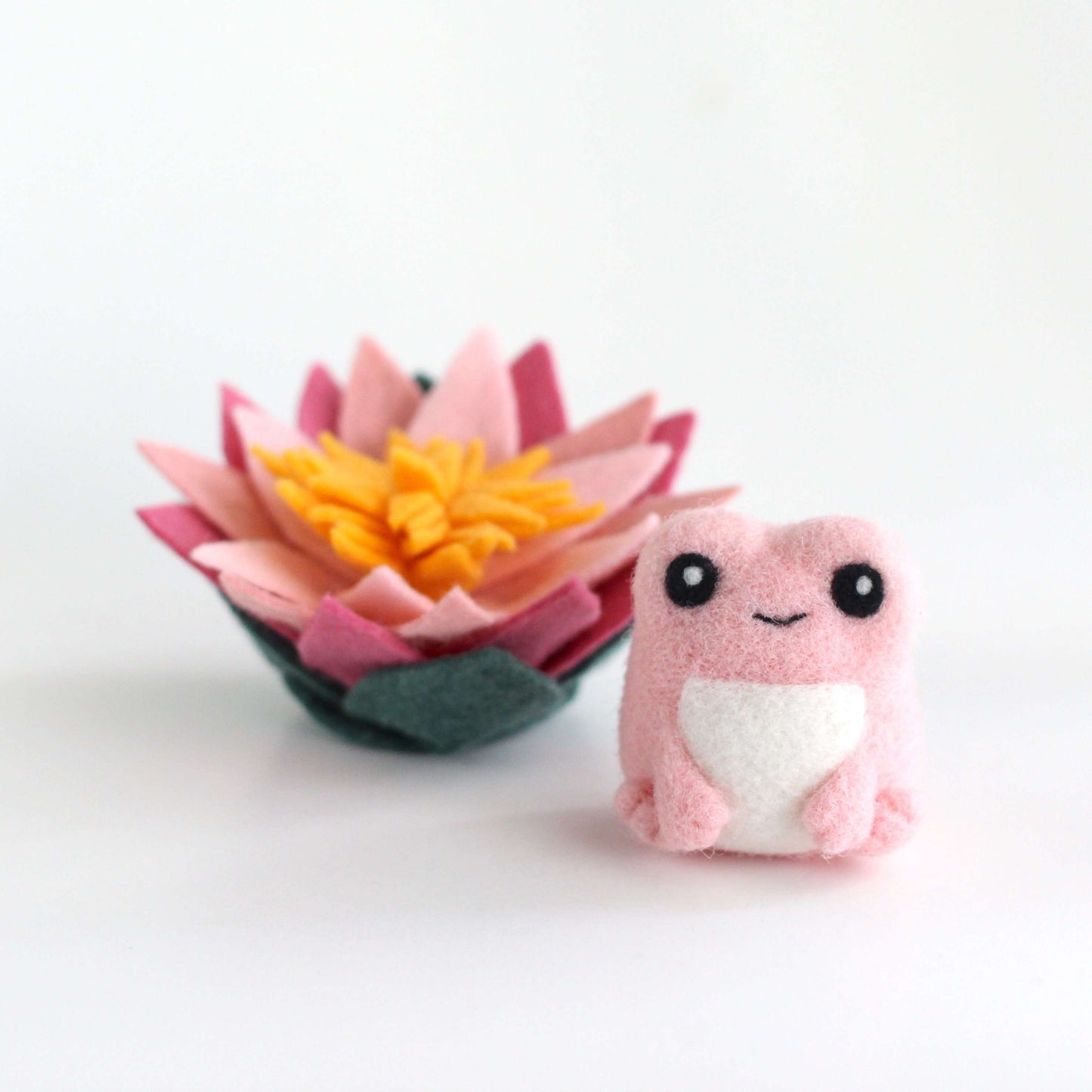 Needle Felted Pink Frog with Lotus Flower