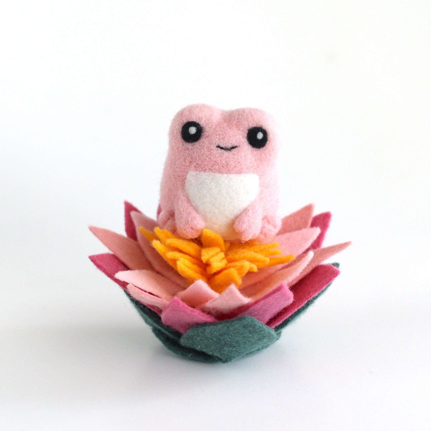 Needle Felted Pink Frog with Lotus Flower