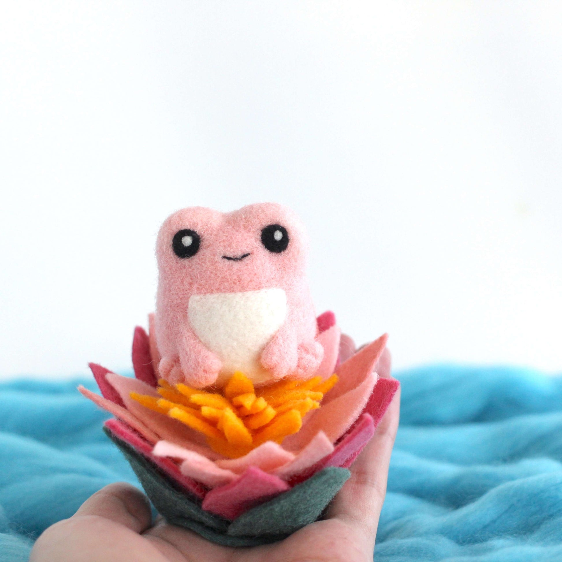 Needle Felted Pink Frog with Lotus Flower by Wild Whimsy Woolies