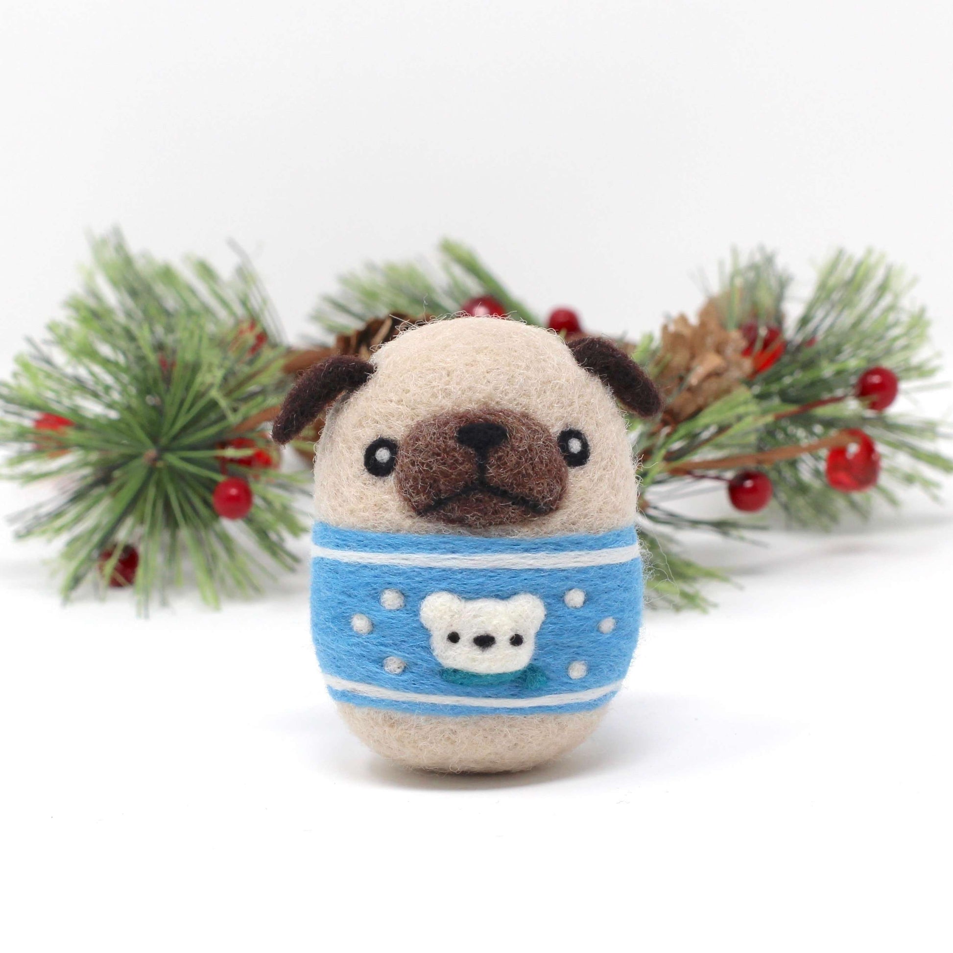 Needle Felted Pug in Blue Polar Bear Christmas Sweater by Wild Whimsy Woolies