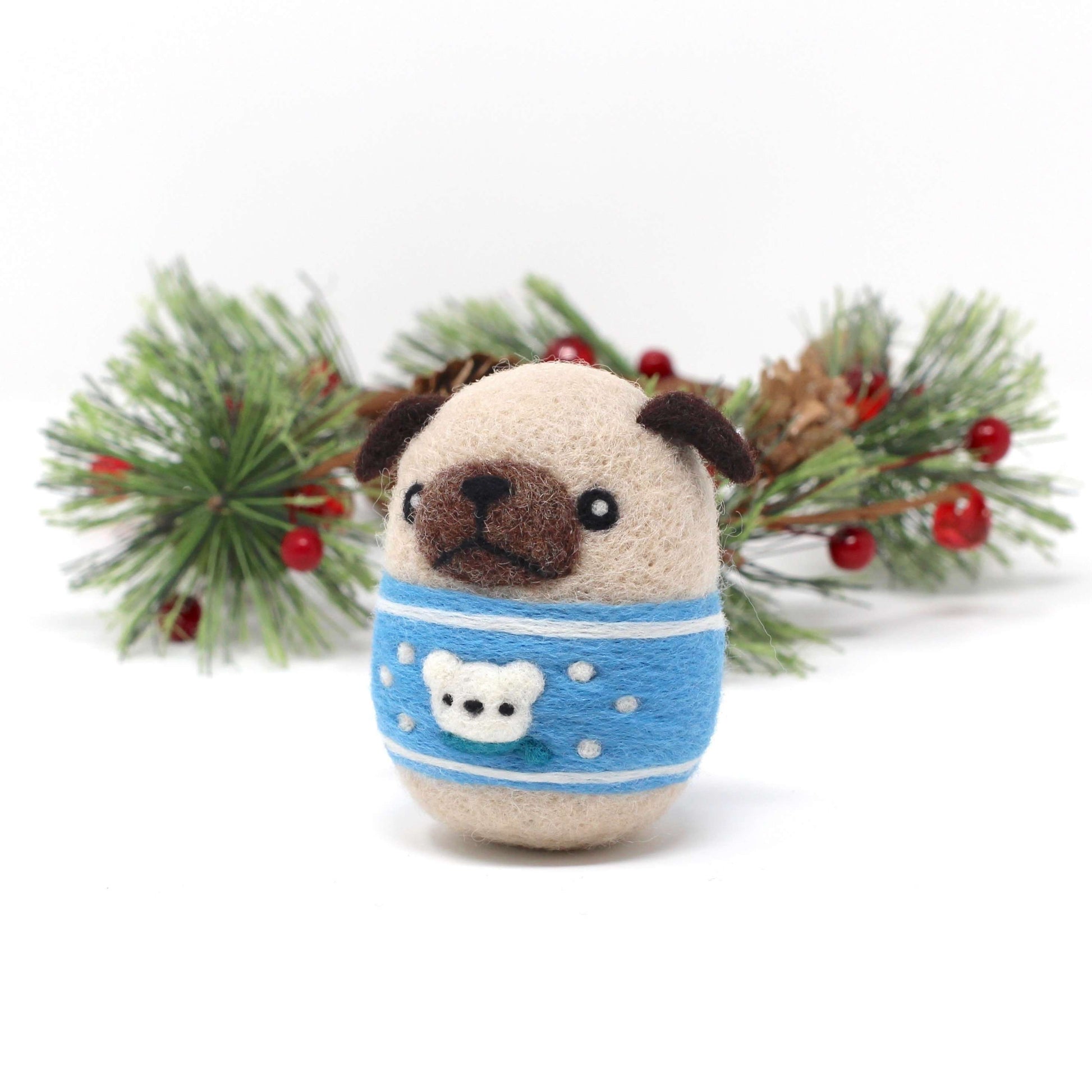 Needle Felted Pug in Blue Polar Bear Christmas Sweater by Wild Whimsy Woolies