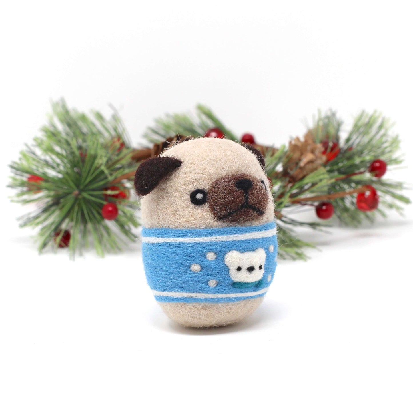 Needle Felted Pug in Blue Polar Bear Christmas Sweater