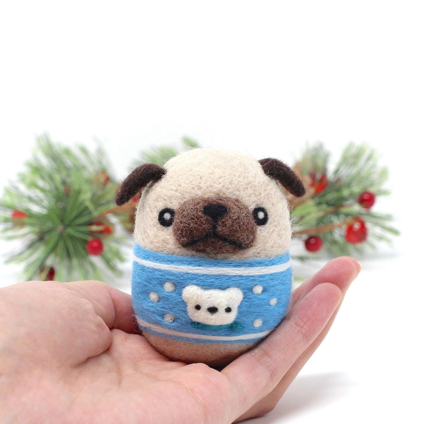 Needle Felted Pug in Blue Polar Bear Christmas Sweater