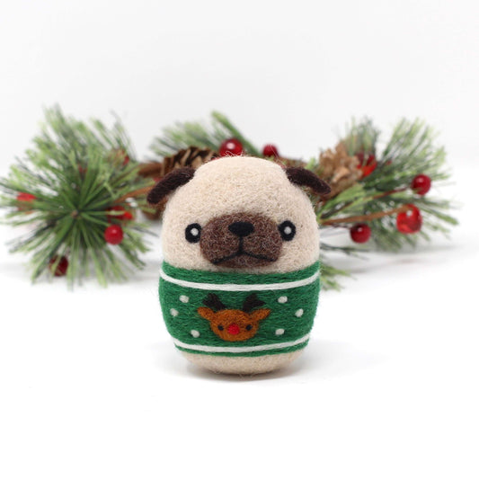 Needle Felted Pug in Green Reindeer Christmas Sweater