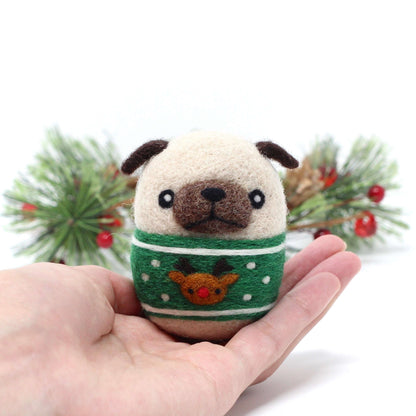 Needle Felted Pug in Green Reindeer Christmas Sweater by Wild Whimsy Woolies