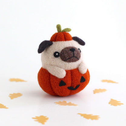 Needle Felted Pug in Jack-o'-Lantern by Wild Whimsy Woolies