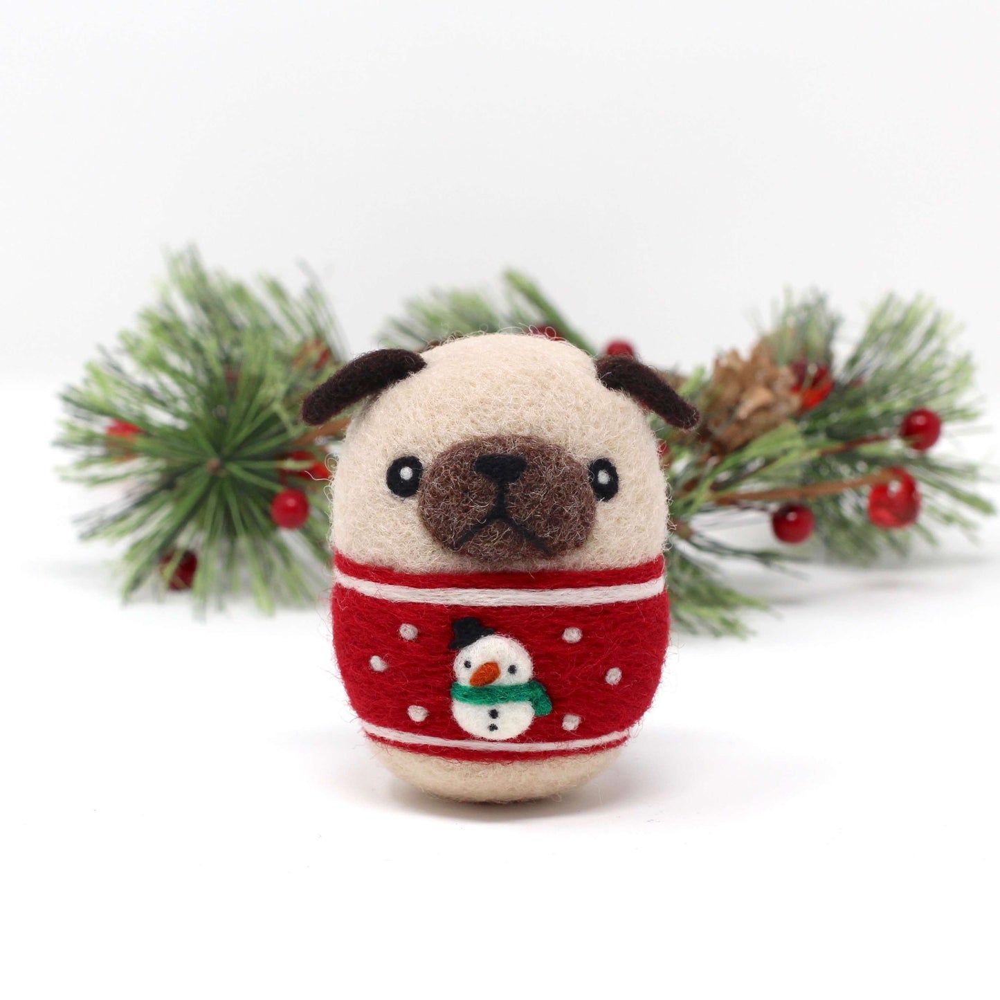 Needle Felted Pug in Red Snowman Christmas Sweater by Wild Whimsy Woolies