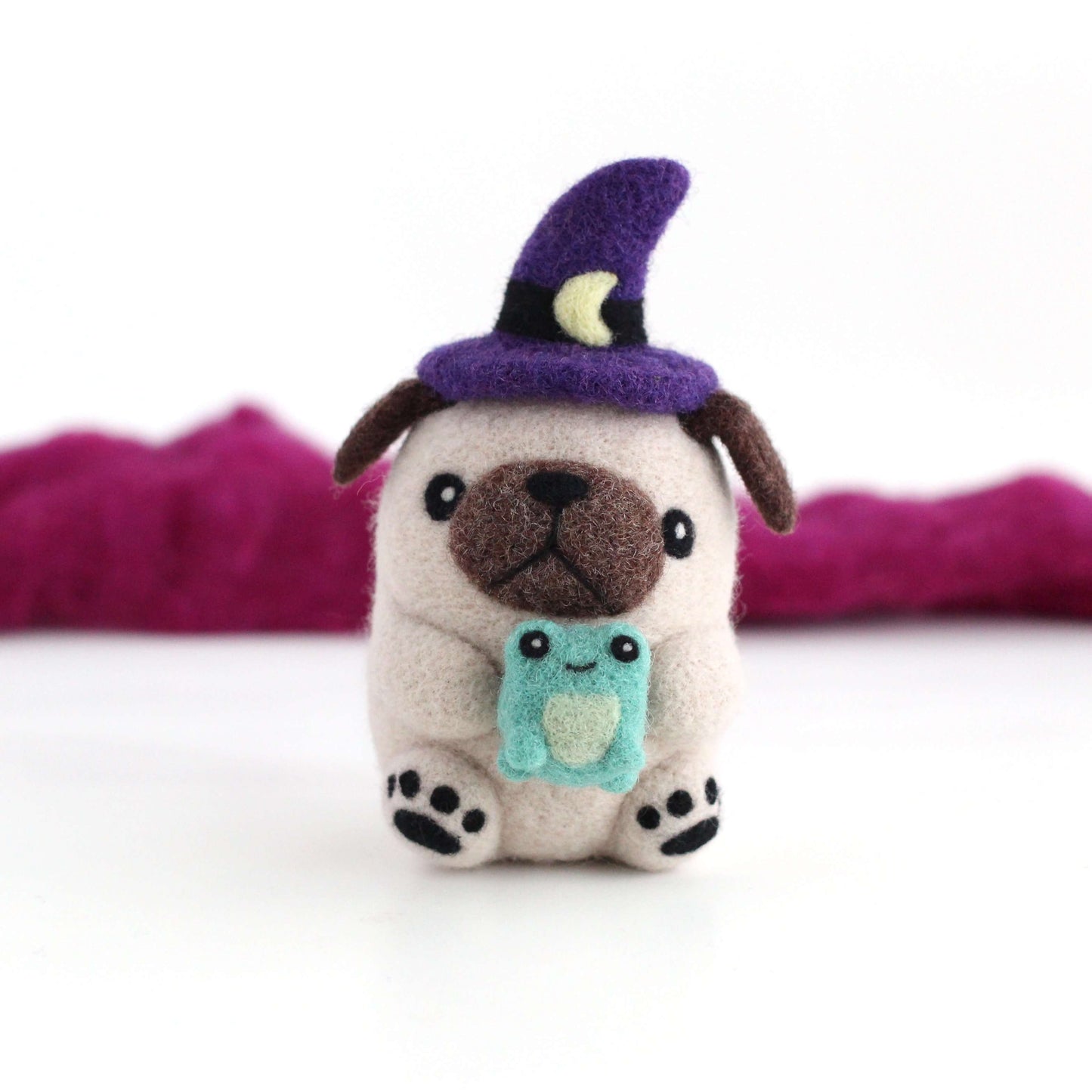 Needle Felted Pug Witch with Toad Familiar