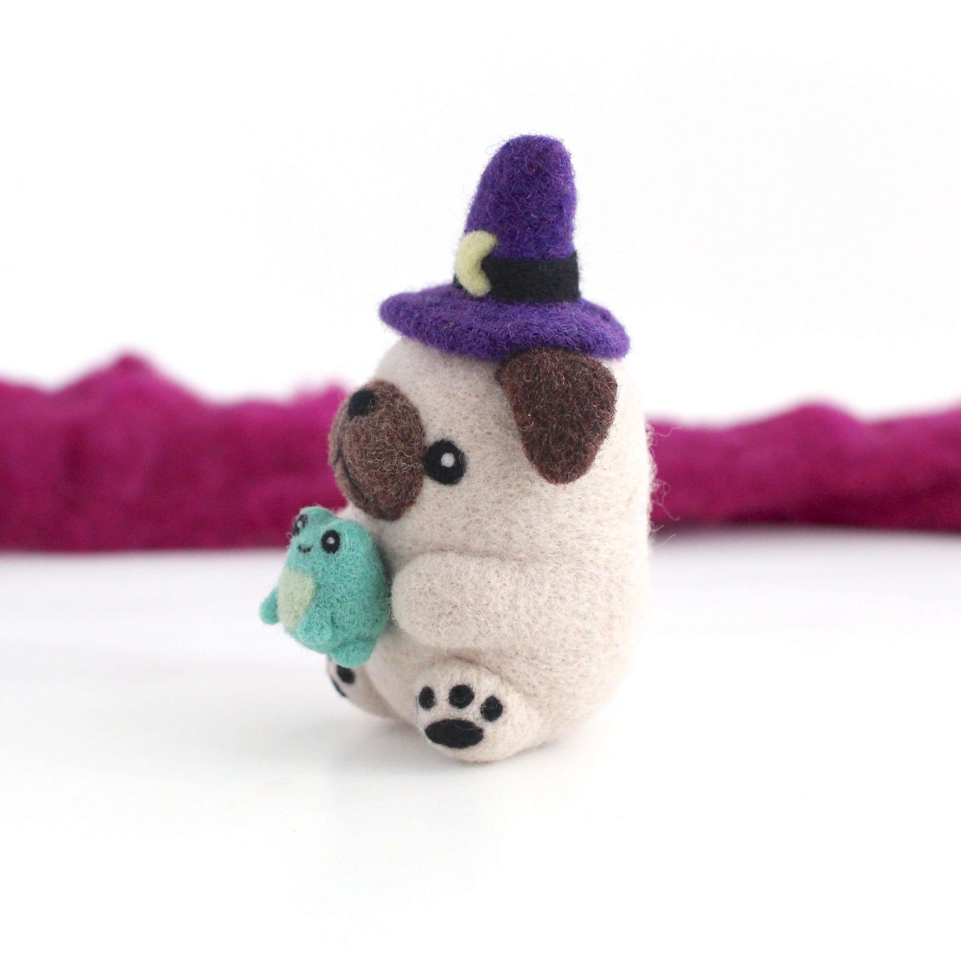 Needle Felted Pug Witch with Toad Familiar