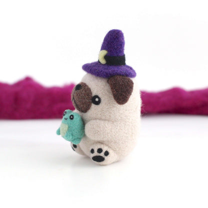 Needle Felted Pug Witch with Toad Familiar