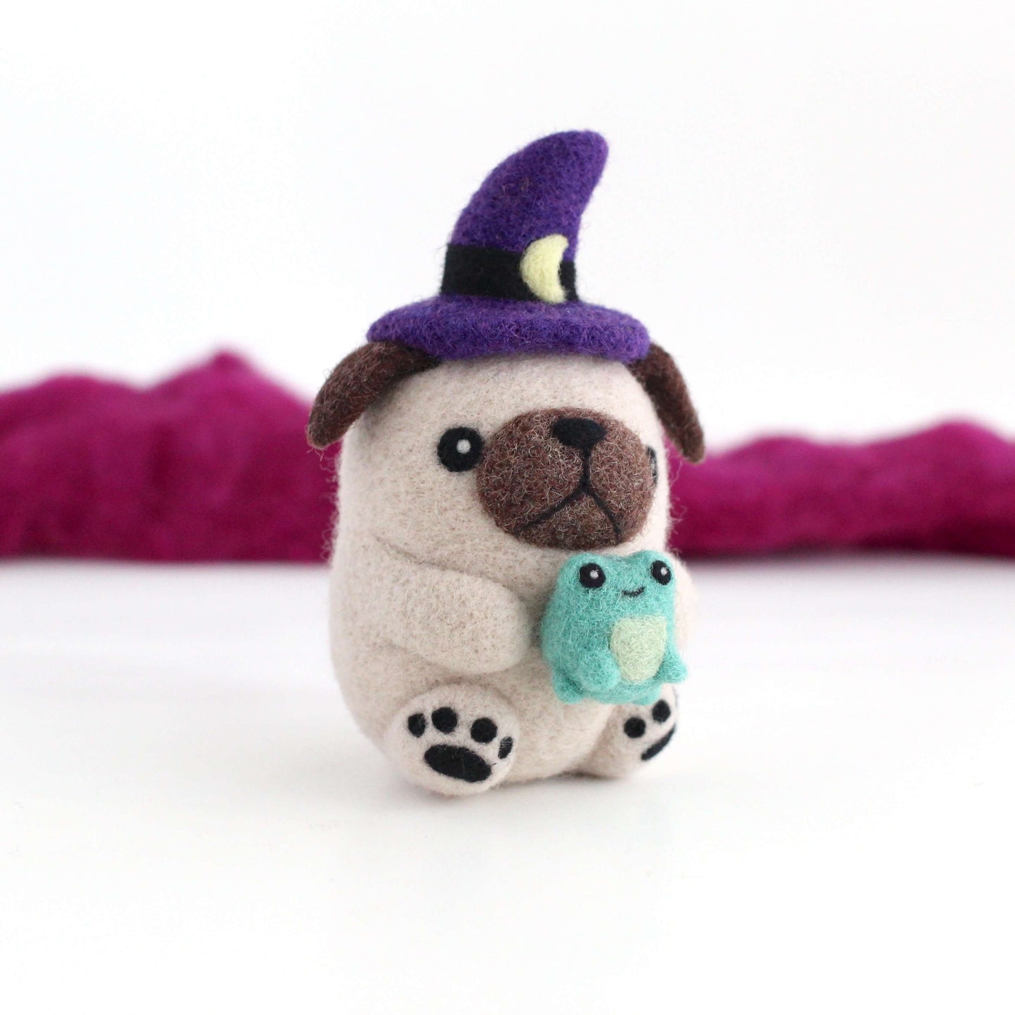 Needle Felted Pug Witch with Toad Familiar