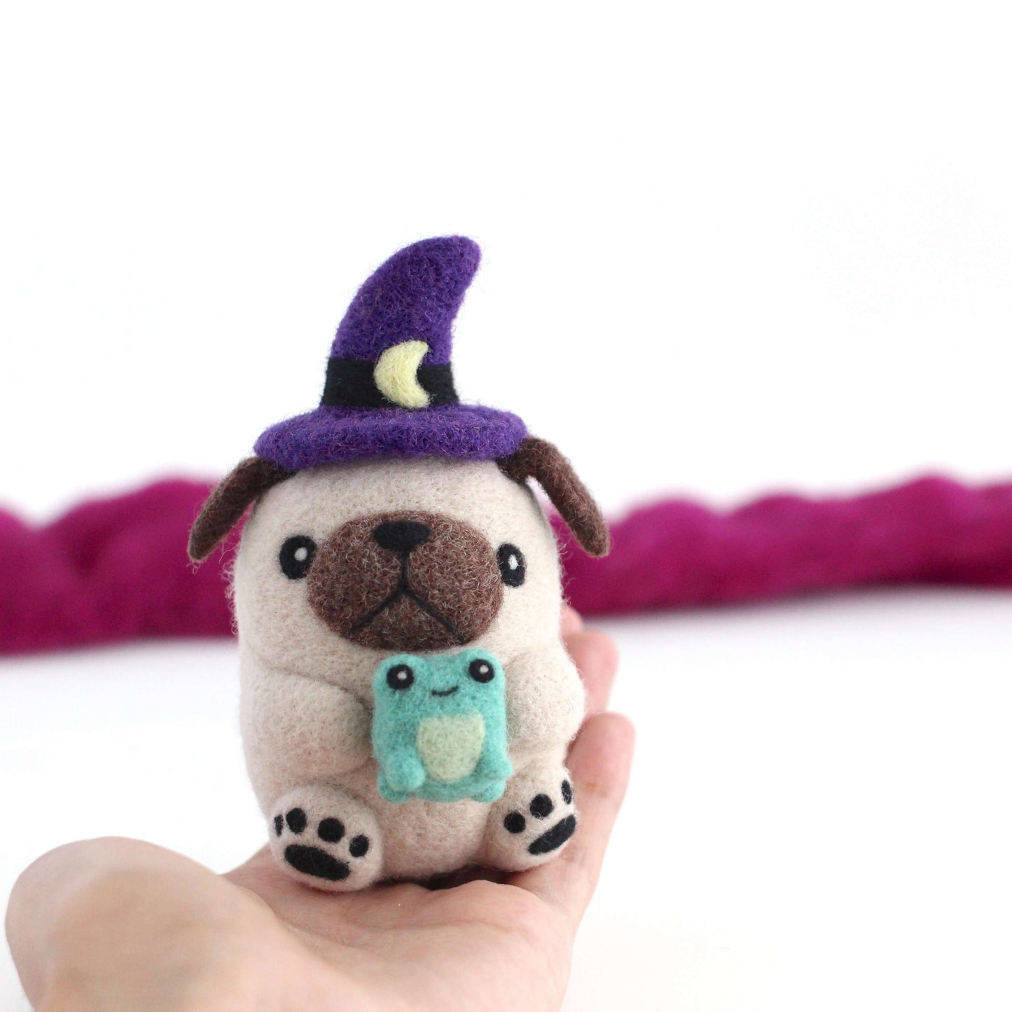 Needle Felted Pug Witch with Toad Familiar