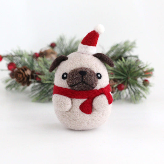 Needle Felted Pug with Santa Hat