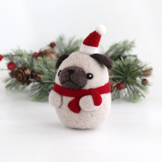 Needle Felted Pug with Santa Hat