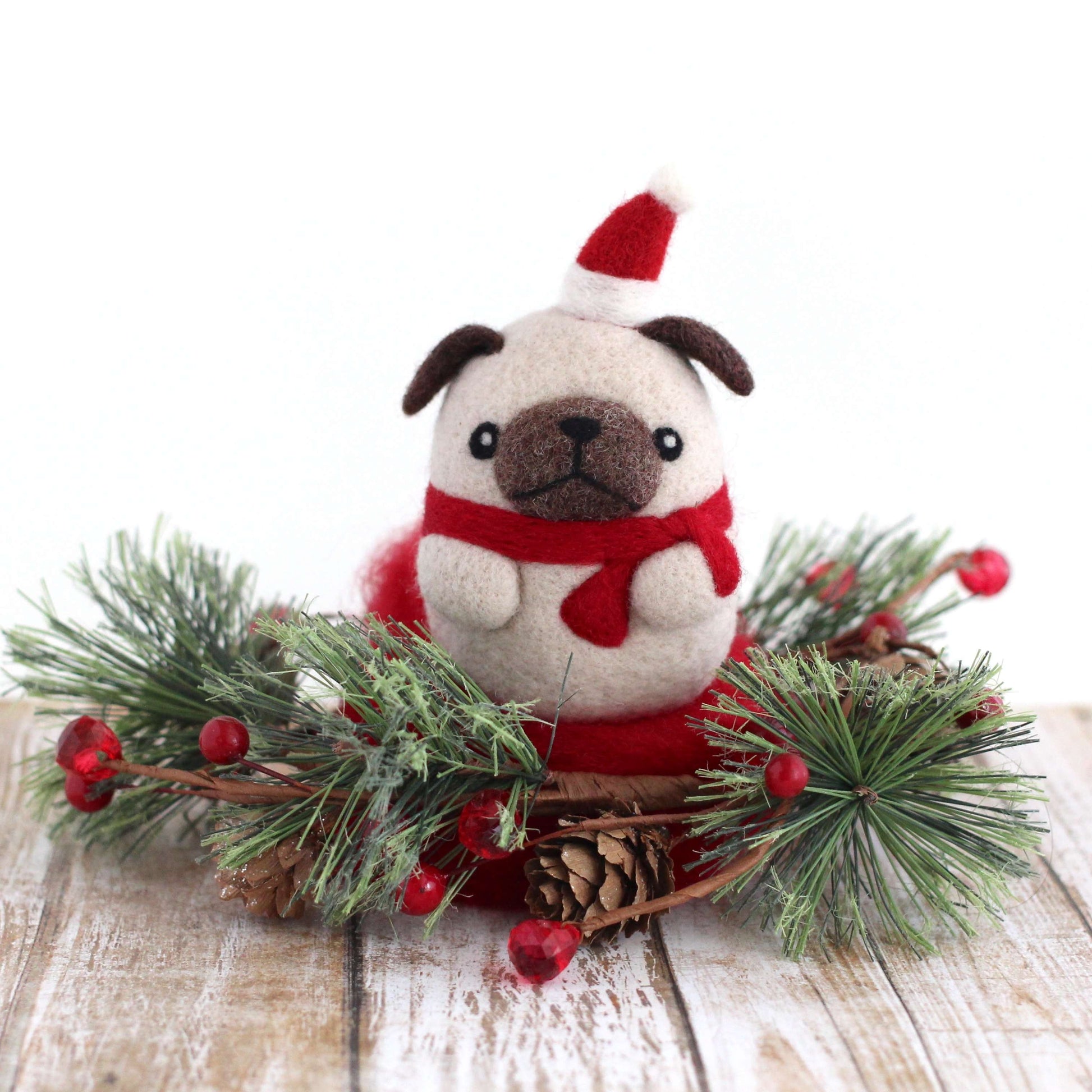 Needle Felted Pug with Santa Hat by Wild Whimsy Woolies