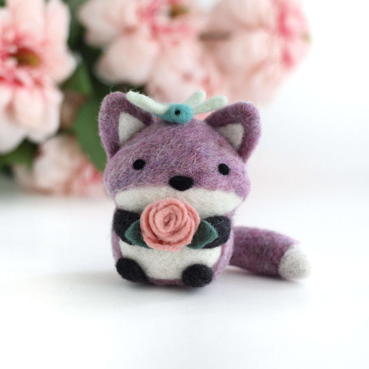 Needle Felted Purple Fox with Dragonfly Friend and Rose