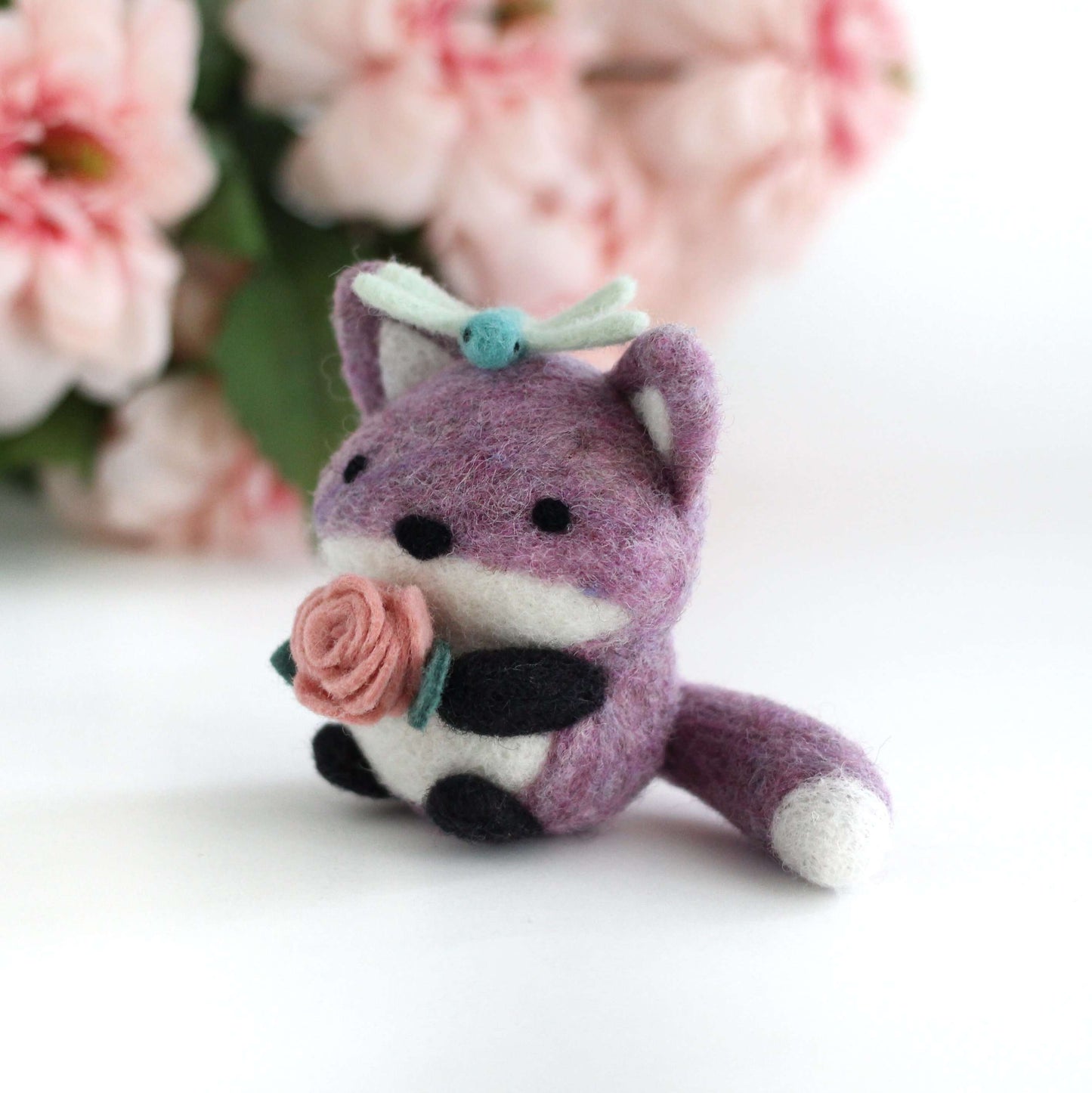 Needle Felted Purple Fox with Dragonfly Friend and Rose