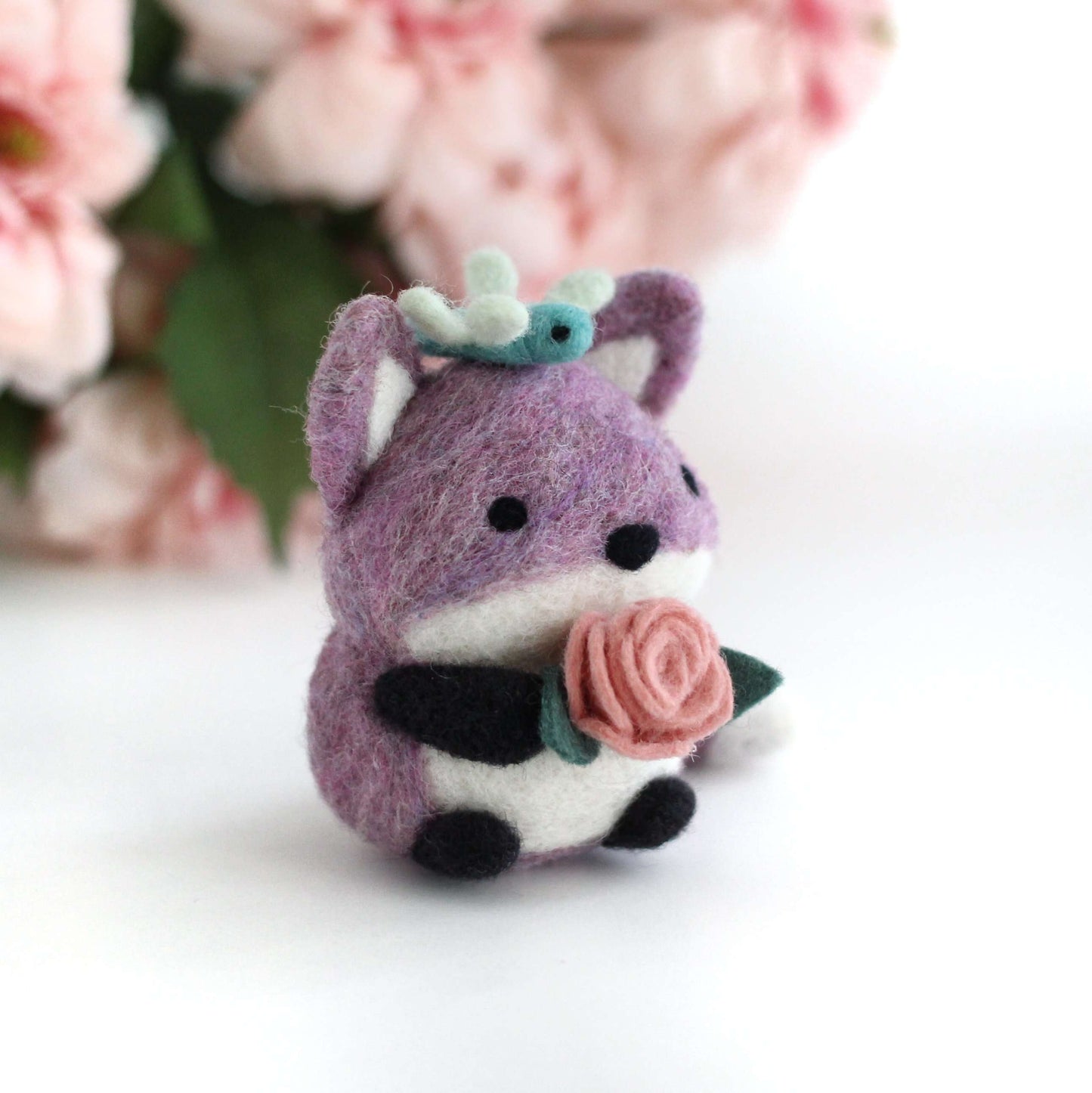 Needle Felted Purple Fox with Dragonfly Friend and Rose