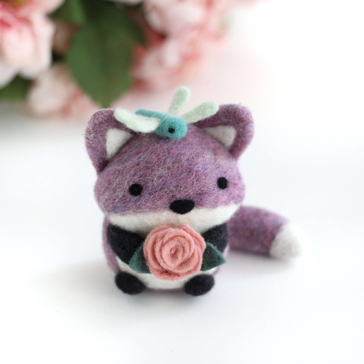 Needle Felted Purple Fox with Dragonfly Friend and Rose