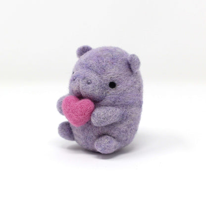 Needle Felted Purple Hippo holding Heart (Pink) by Wild Whimsy Woolies