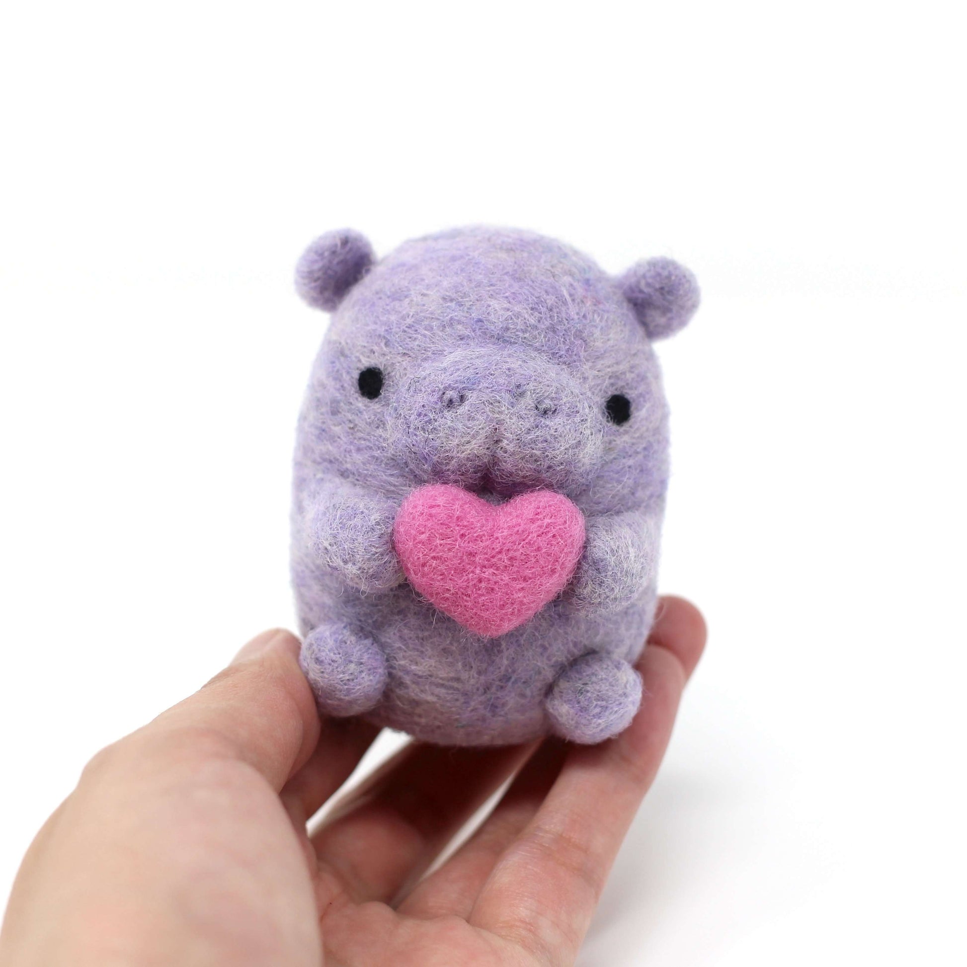 Needle Felted Purple Hippo holding Heart (Pink) by Wild Whimsy Woolies