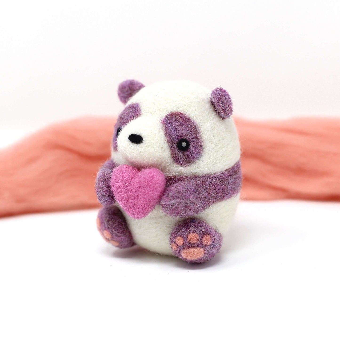 Needle Felted Purple Panda holding Heart (Pink)