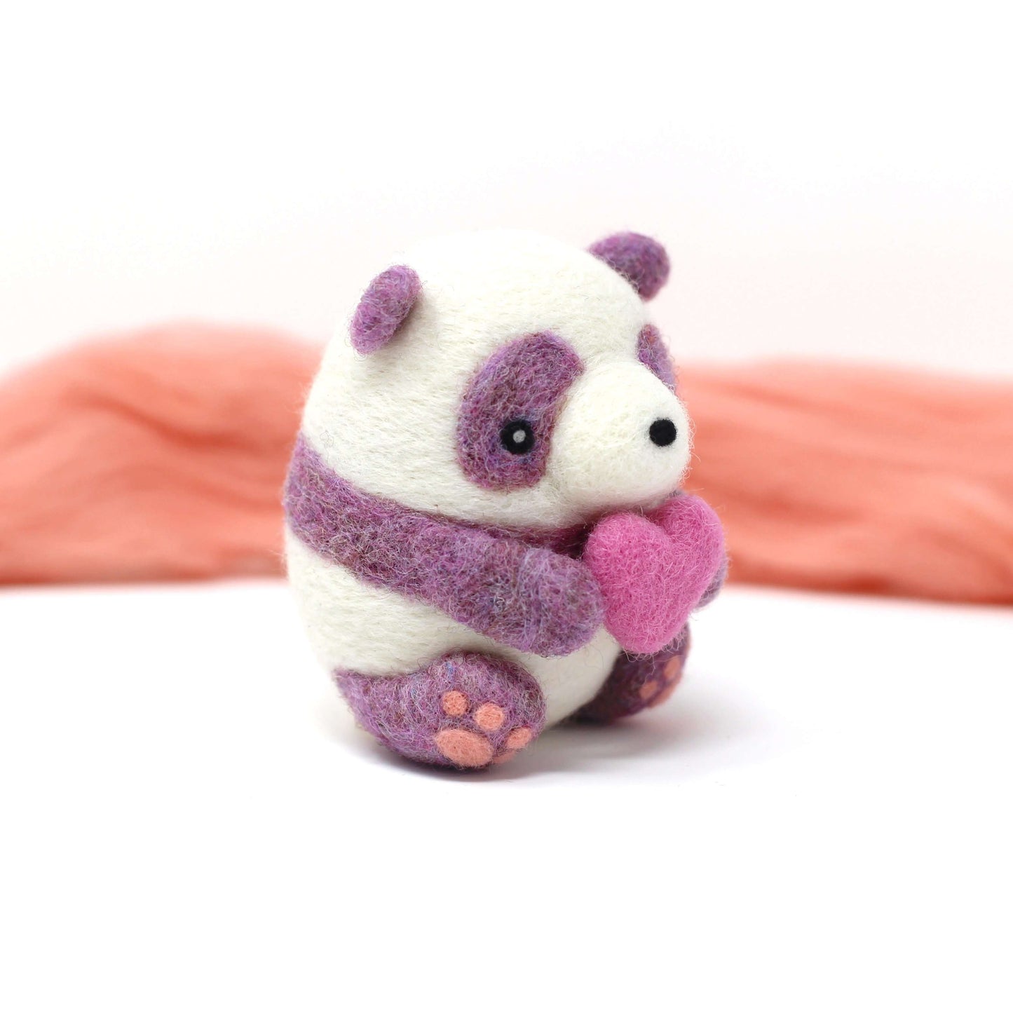 Needle Felted Purple Panda holding Heart (Pink)