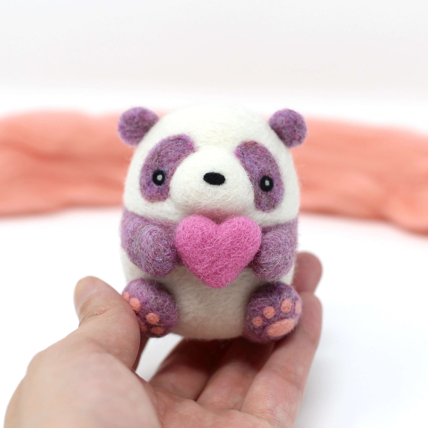 Needle Felted Purple Panda holding Heart (Pink)