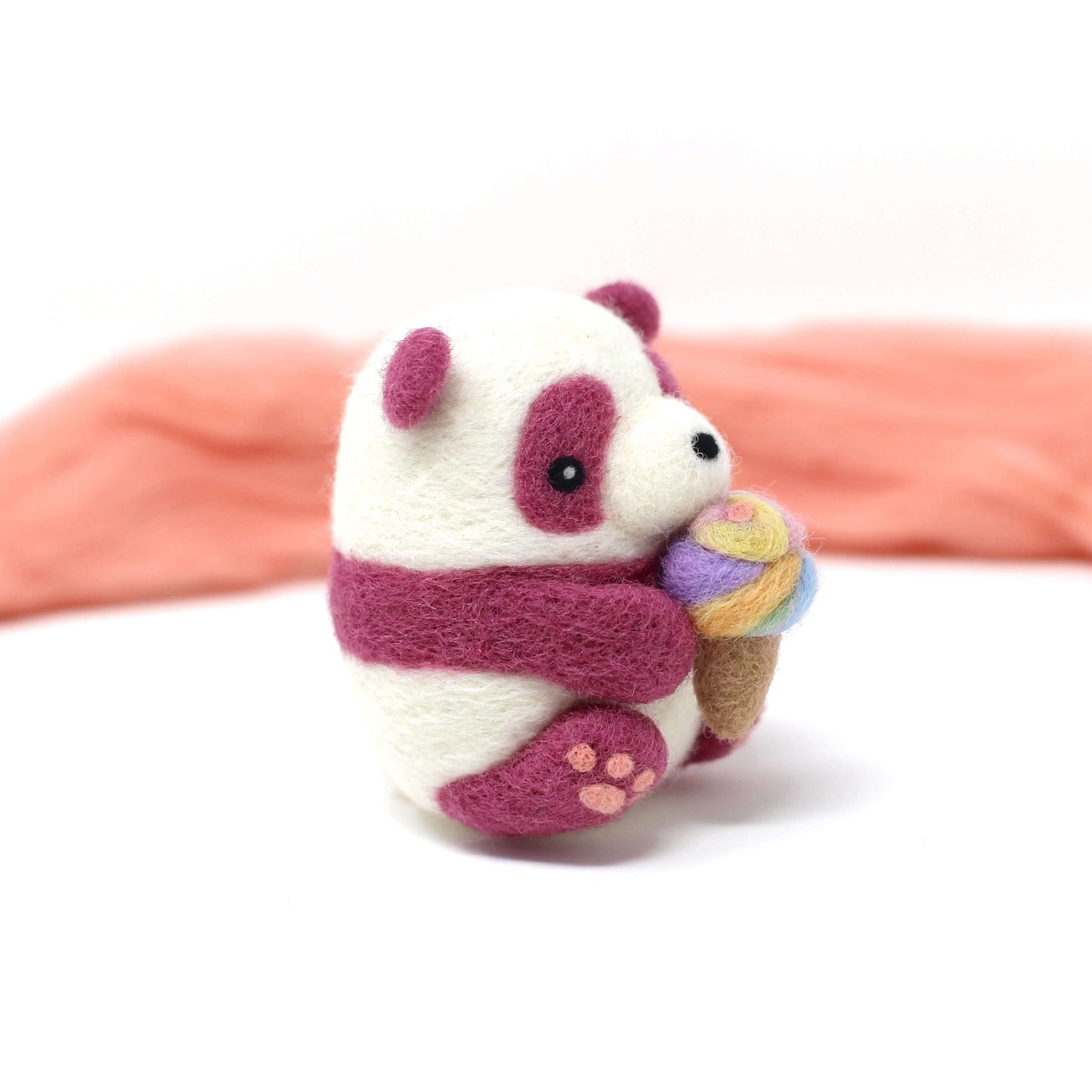 Needle Felted Purple Panda holding Ice Cream (Rainbow)