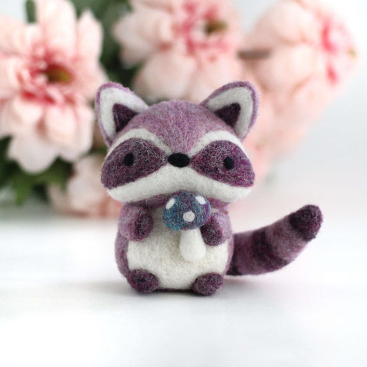 Needle Felted Purple Raccoon with Magical Mushroom
