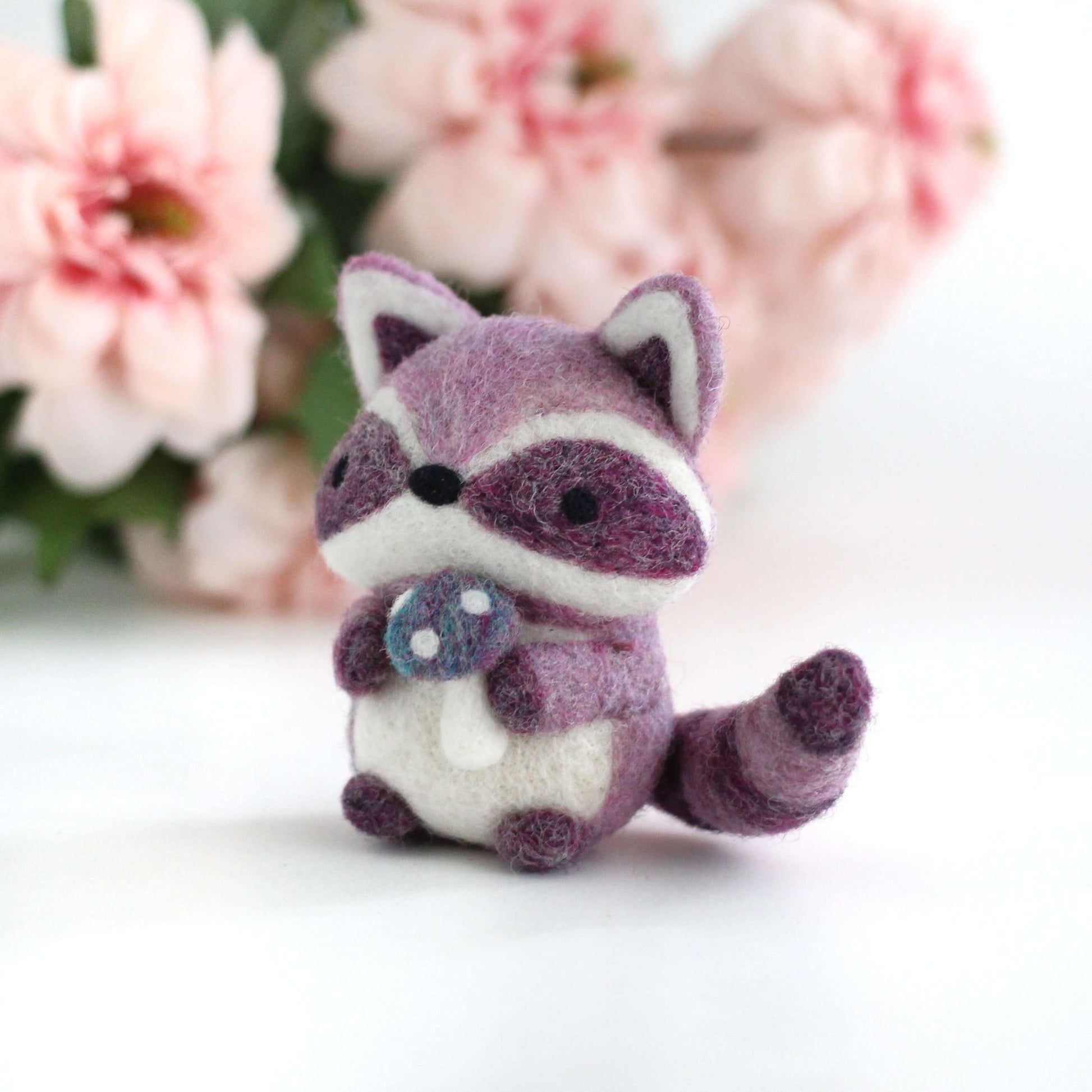 Needle Felted Purple Raccoon with Magical Mushroom by Wild Whimsy Woolies