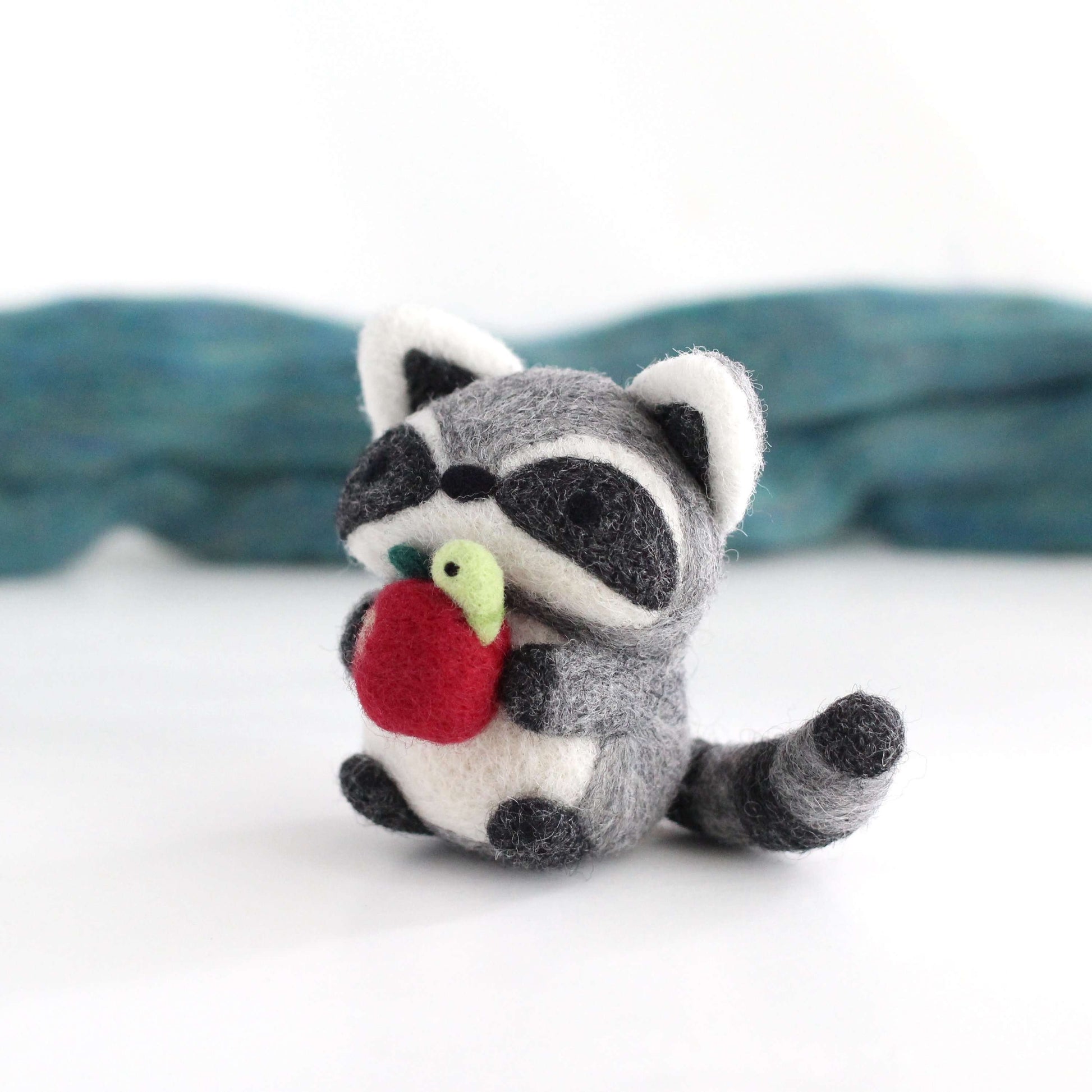 Needle Felted Raccoon holding Apple w/ Worm by Wild Whimsy Woolies