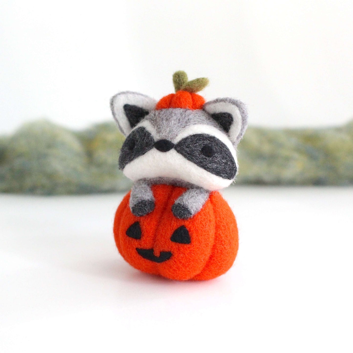 Needle Felted Raccoon in Jack-o'-Lantern