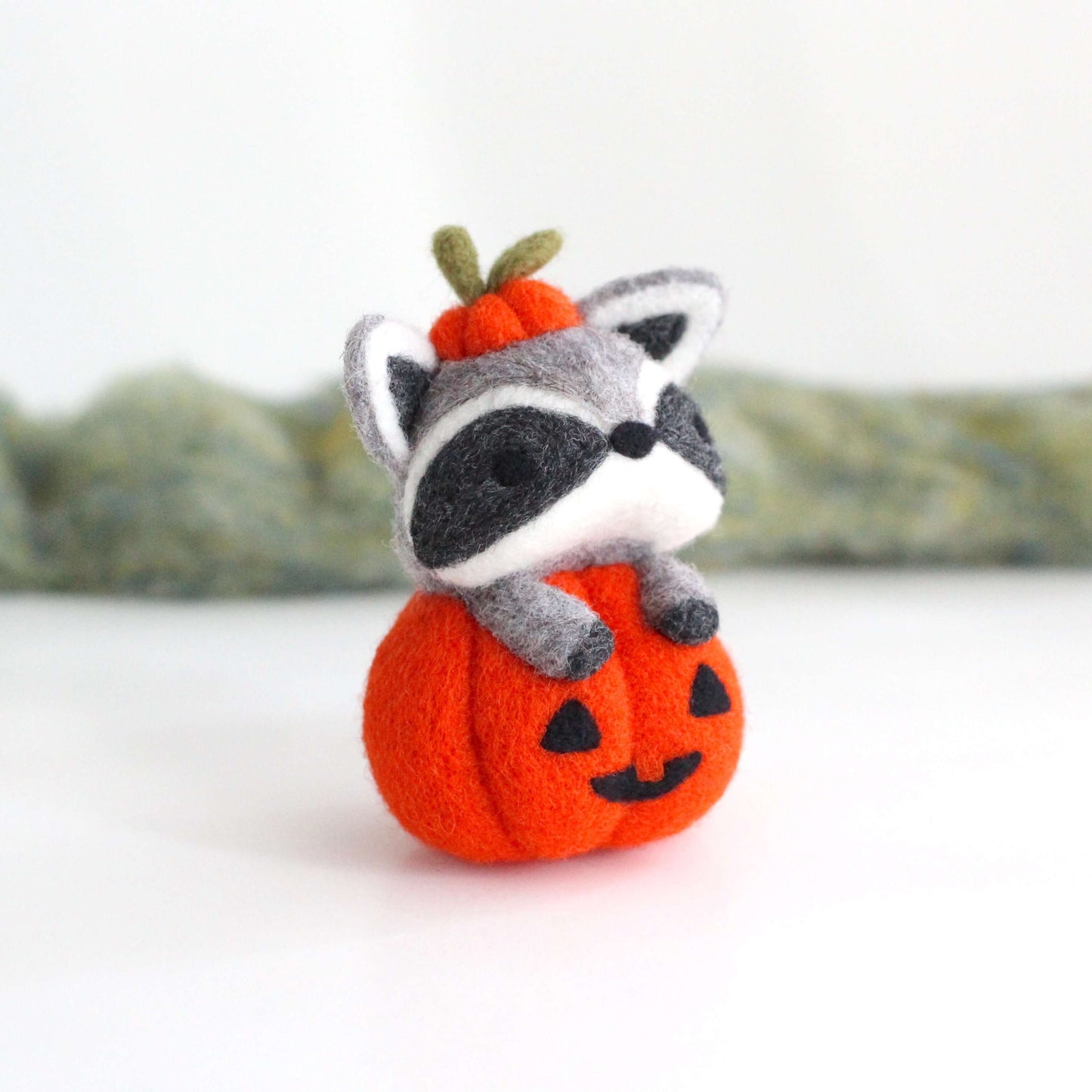 Needle Felted Raccoon in Jack-o'-Lantern