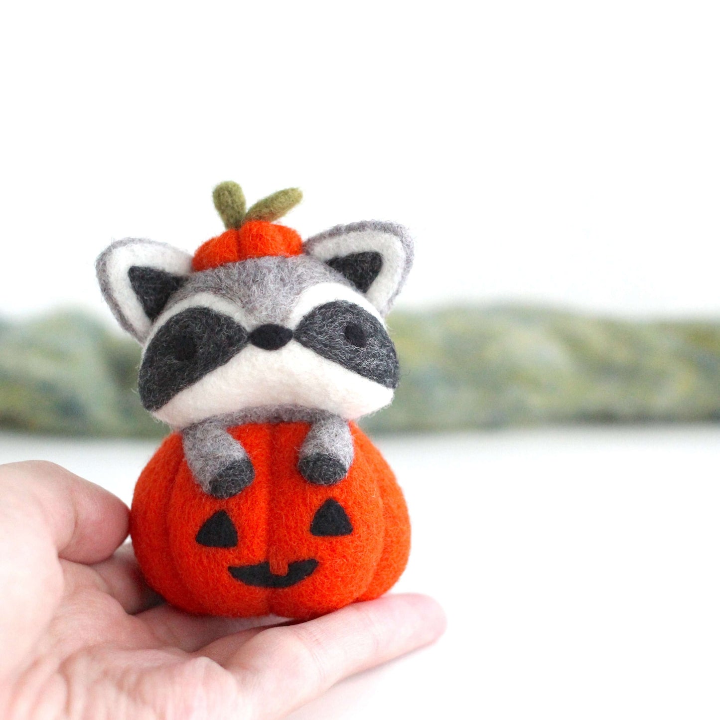 Needle Felted Raccoon in Jack-o'-Lantern