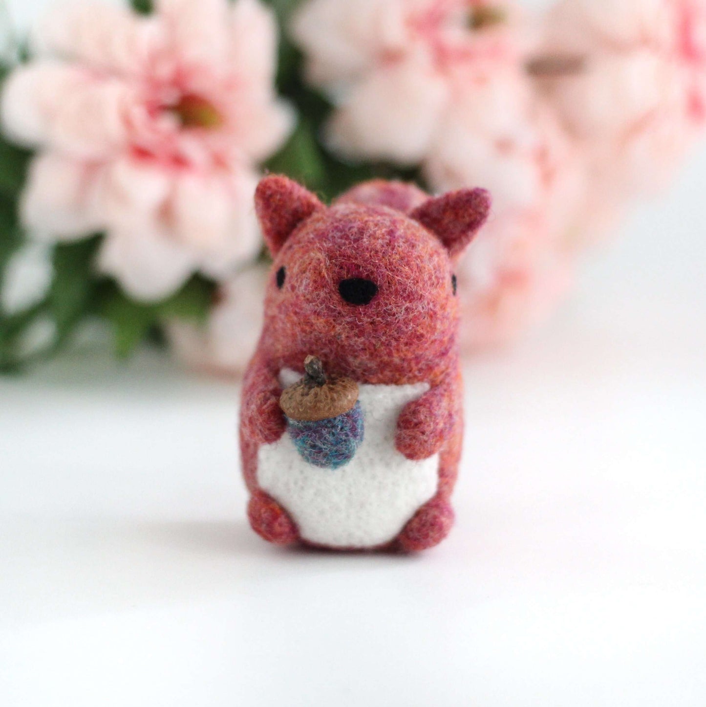 Needle Felted Raspberry Red Squirrel with Magical Acorn