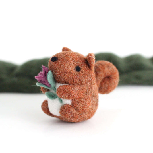 Needle Felted Red Squirrel holding a Flower