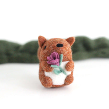 Needle Felted Red Squirrel holding a Flower by Wild Whimsy Woolies