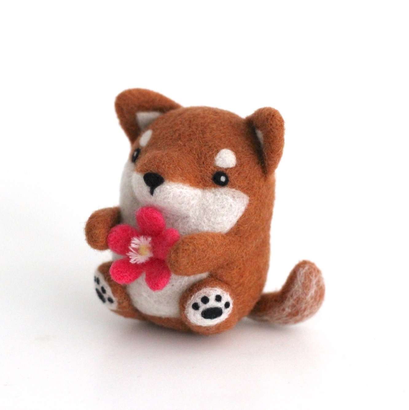 Needle Felted Shiba Inu with a Plum Blossom