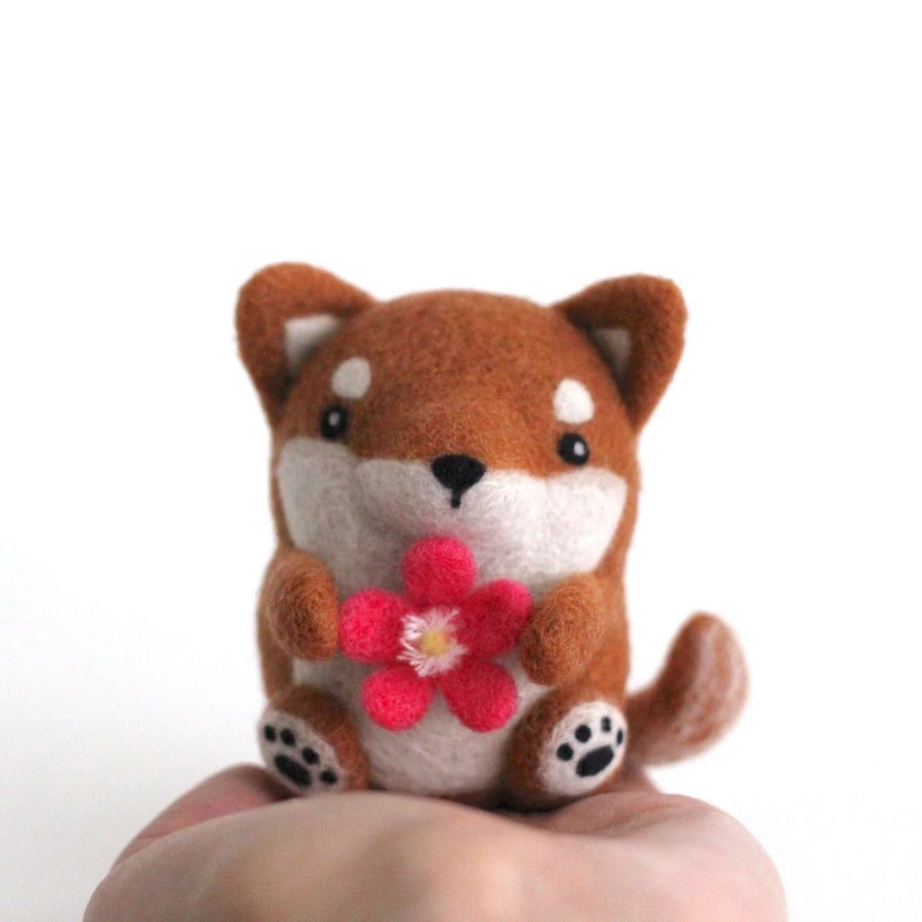 Needle Felted Shiba Inu with a Plum Blossom