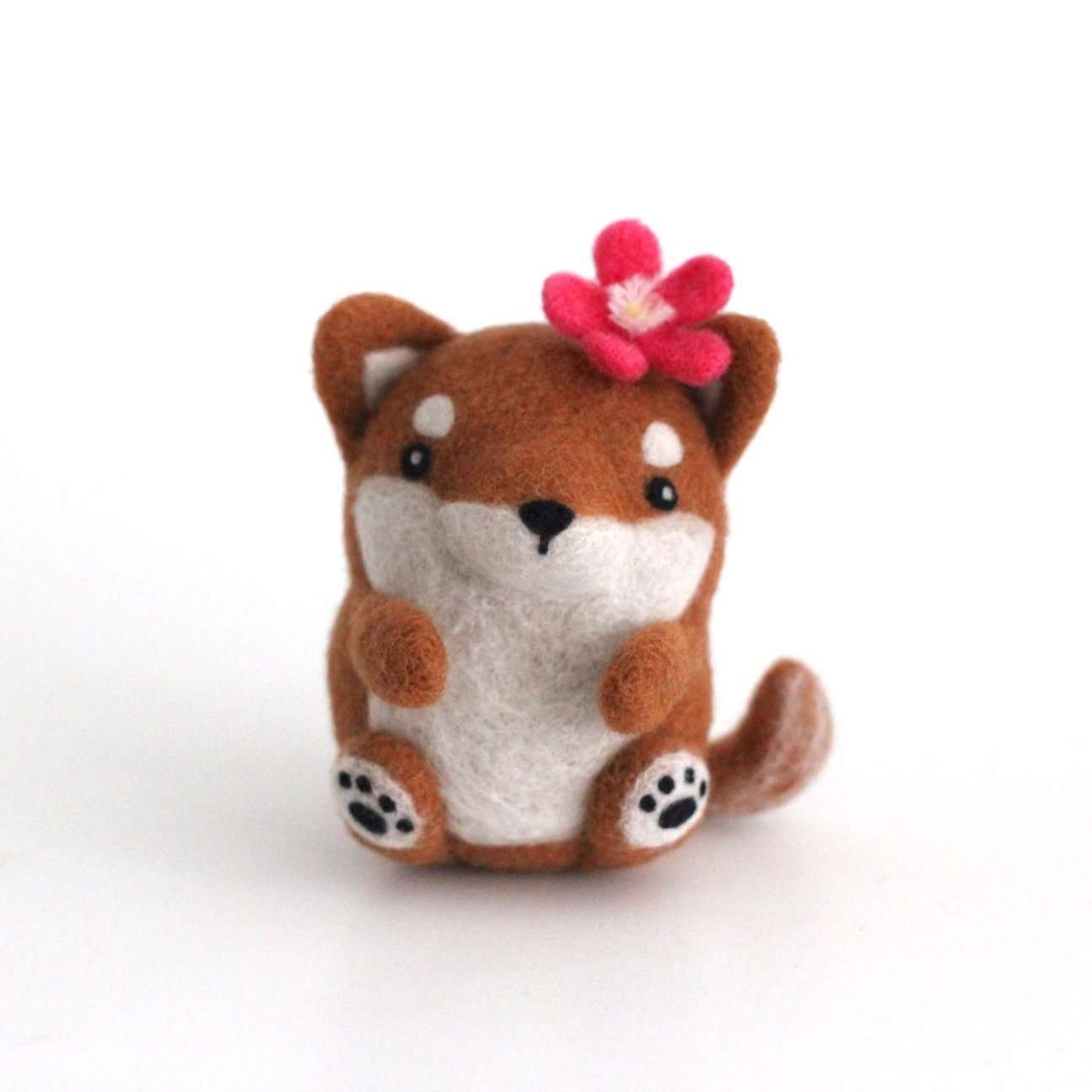 Needle Felted Shiba Inu with a Plum Blossom by Wild Whimsy Woolies