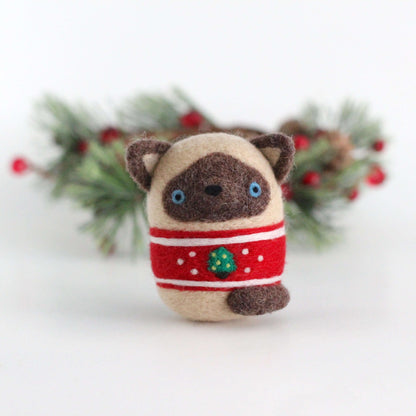 Needle Felted Siamese Cat in Christmas Tree Sweater