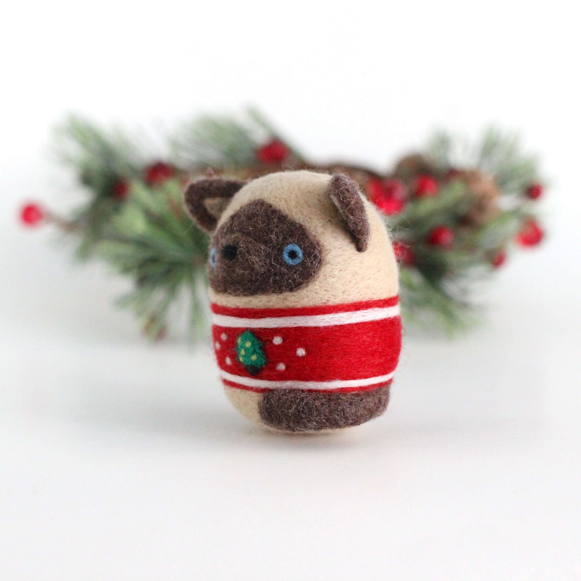 Needle Felted Siamese Cat in Christmas Tree Sweater