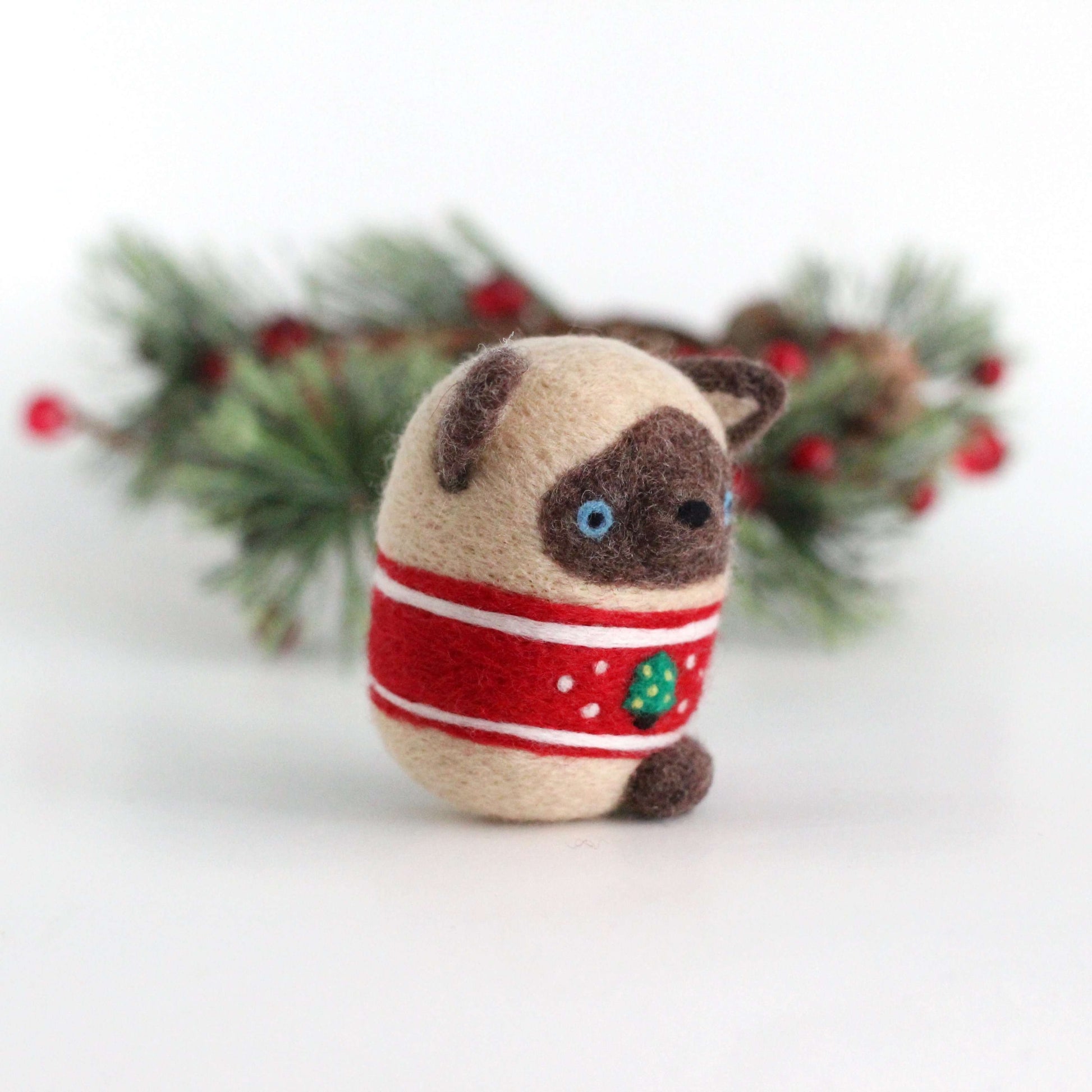 Needle Felted Siamese Cat in Christmas Tree Sweater by Wild Whimsy Woolies