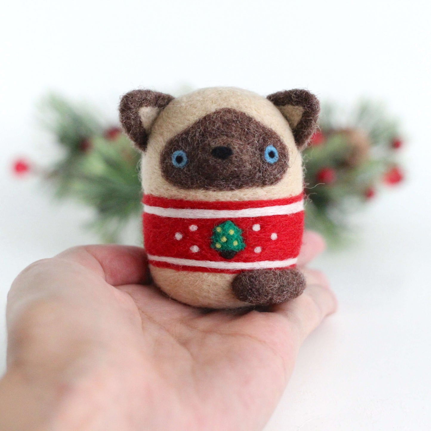 Needle Felted Siamese Cat in Christmas Tree Sweater by Wild Whimsy Woolies